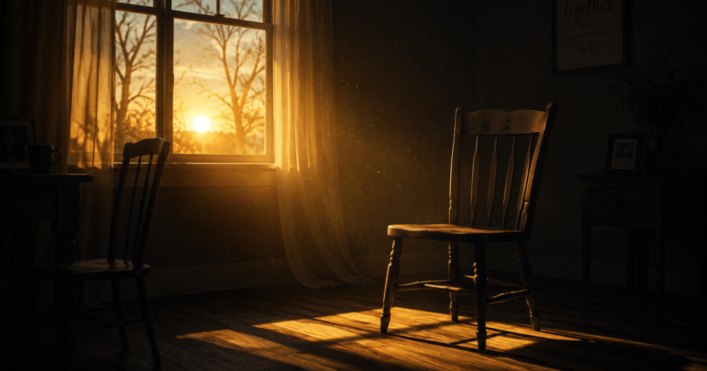 Person sitting quietly beside an empty chair at sunset, reflecting on grief, loss, faith, hope, and God's comfort during mourning.