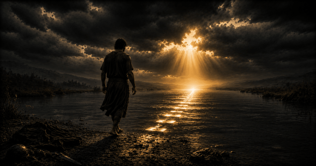 Christian standing at the edge of calm water in prayer, symbolizing trusting God, obedience, baptism, and walking by faith.
