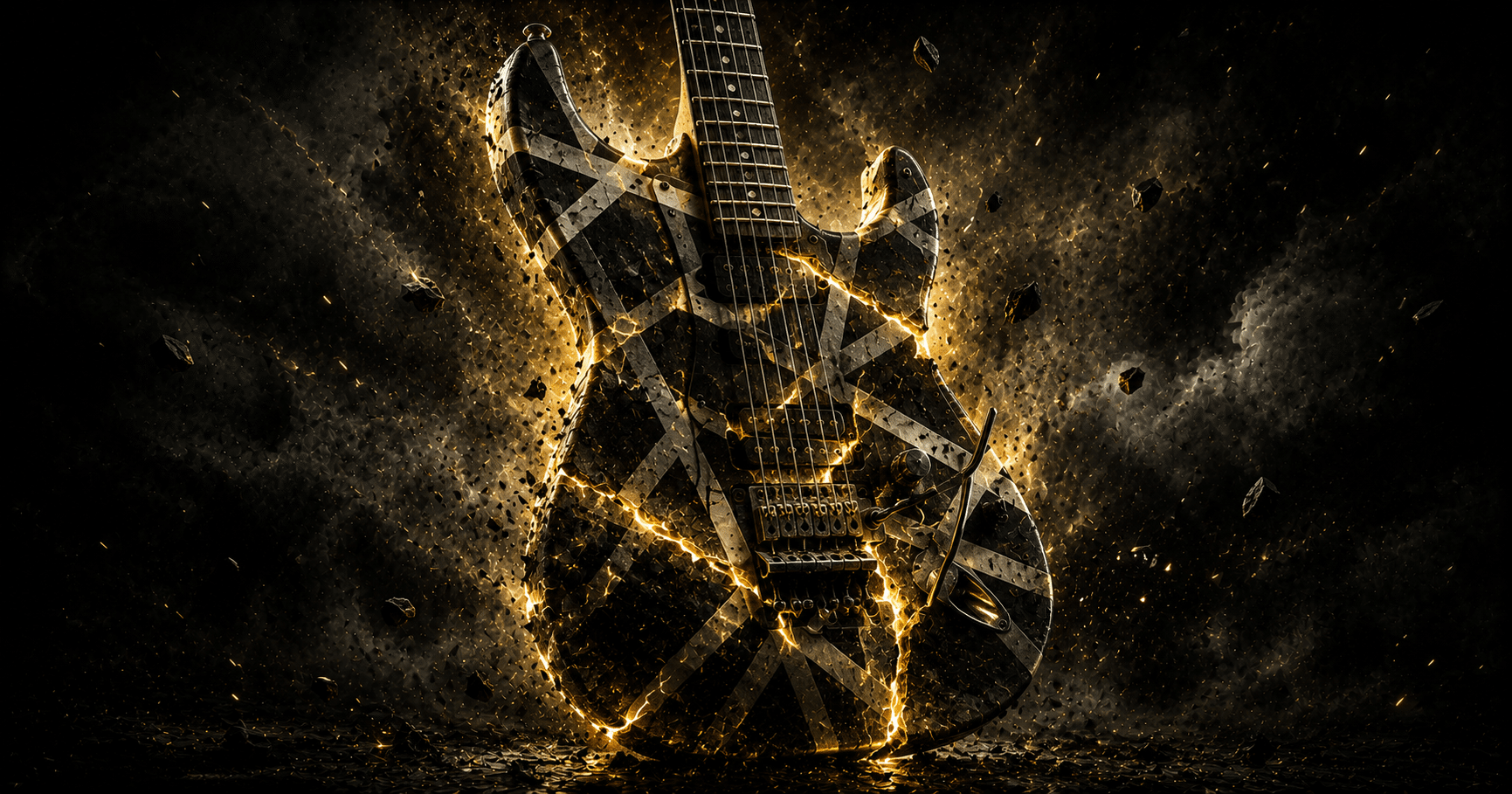 Eddie Van Halen performing an iconic guitar solo on stage with his famous striped electric guitar
