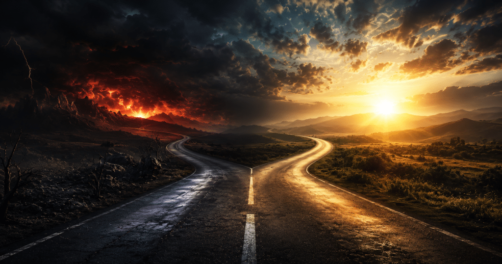 A forked highway stretching toward two different horizons, symbolizing the choice between eternal life and eternal separation from God.