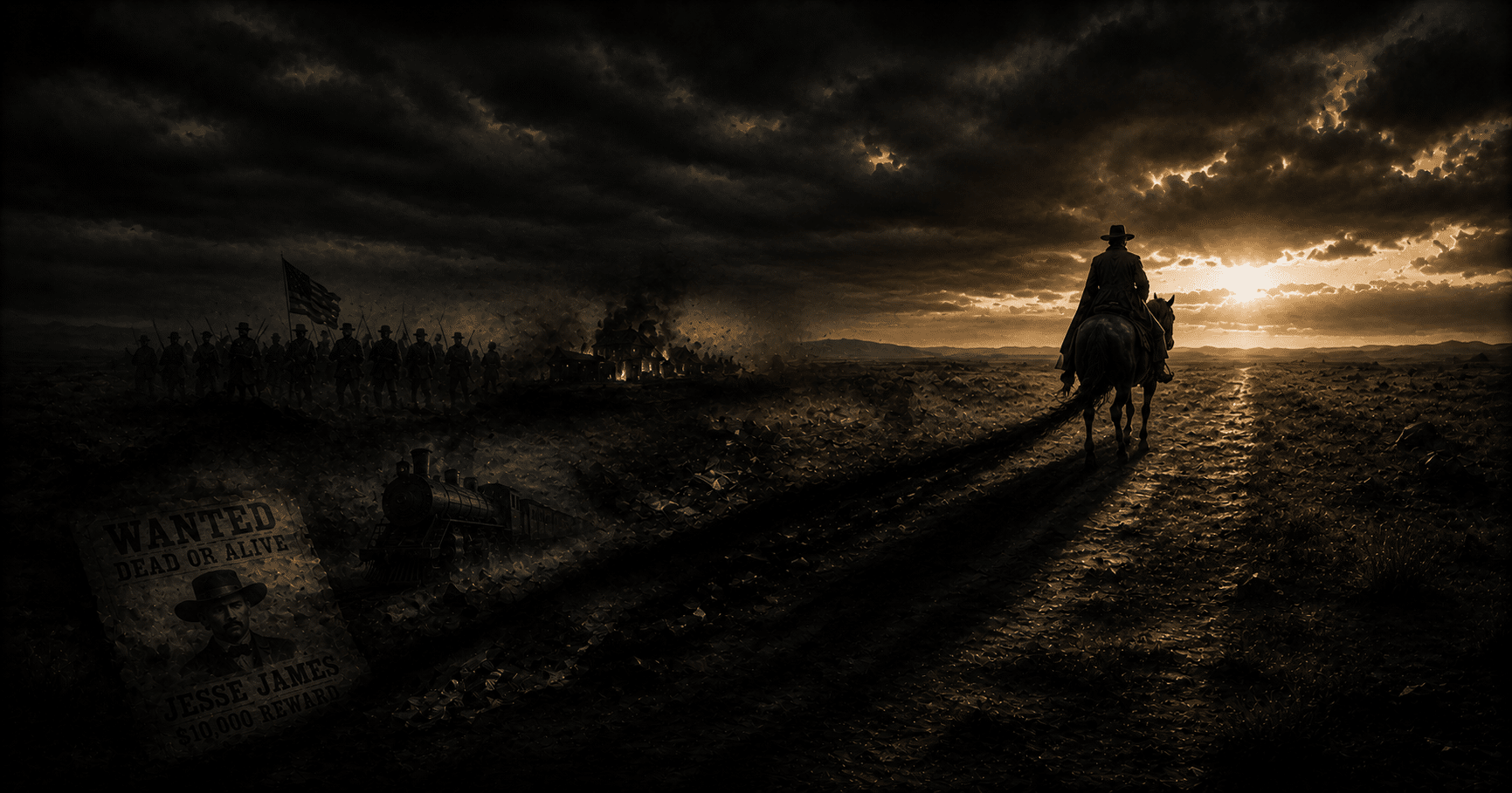 Jesse James outlaw standing in the Old West, reflecting on war, fame, betrayal, and the consequences of a life of crime