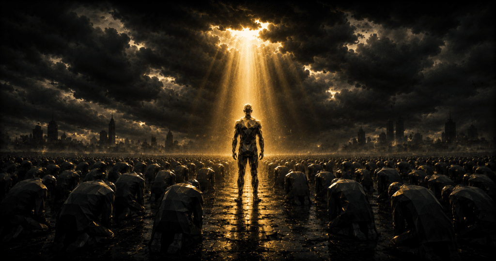 Person standing alone in a crowd with determination, symbolizing courage, faith, and speaking the truth in the face of injustice.