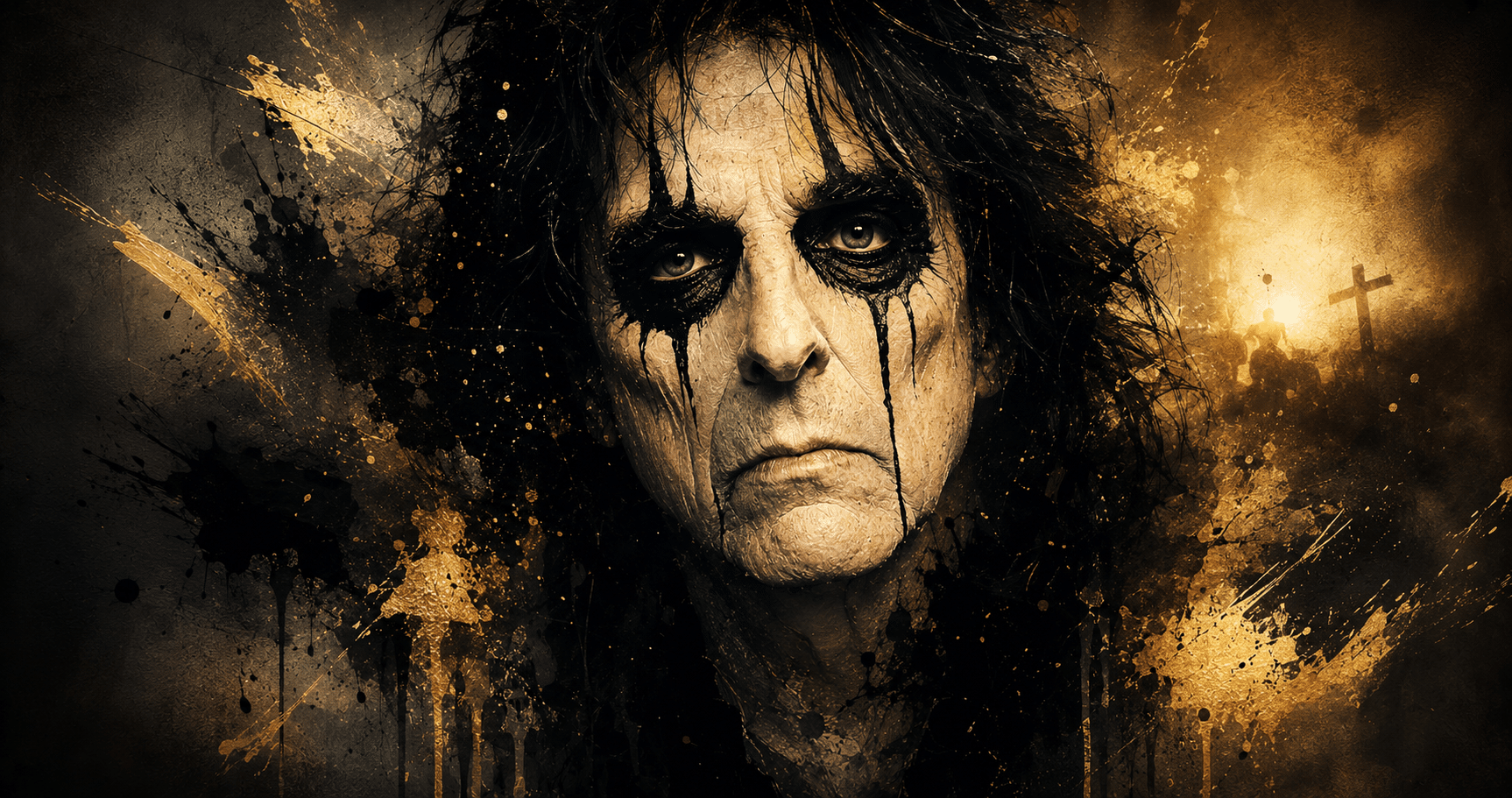 Alice Cooper performing on stage, representing his journey from rock stardom and addiction to Christian faith, sobriety, and redemption
