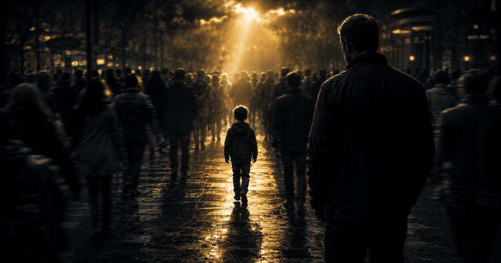 Protective parent holding a child's hand while watching over them in a public place, symbolizing child safety, vigilance, and protection.