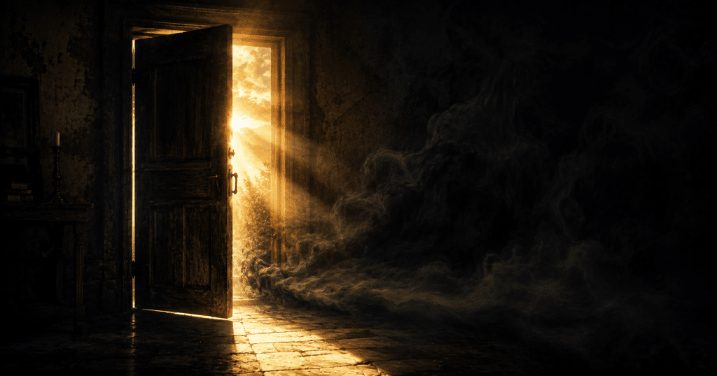 Bible illuminated by a beam of light beside occult symbols fading into darkness, representing spiritual discernment and God's truth over deception.
