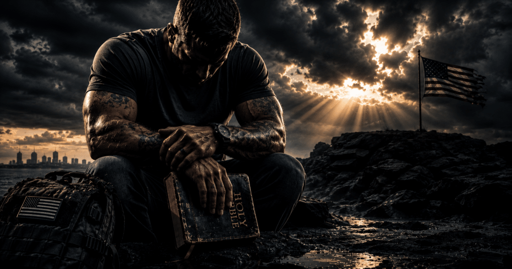 Quiet Christian man standing confidently in reflection, representing strength, discipline, humility, leadership, and faith in God.