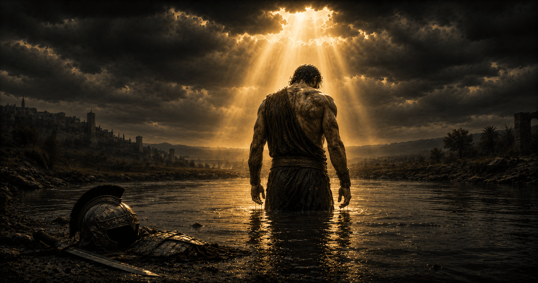 Naaman standing in the Jordan River during his seventh immersion, symbolizing faith, humility, obedience, and God's healing power.