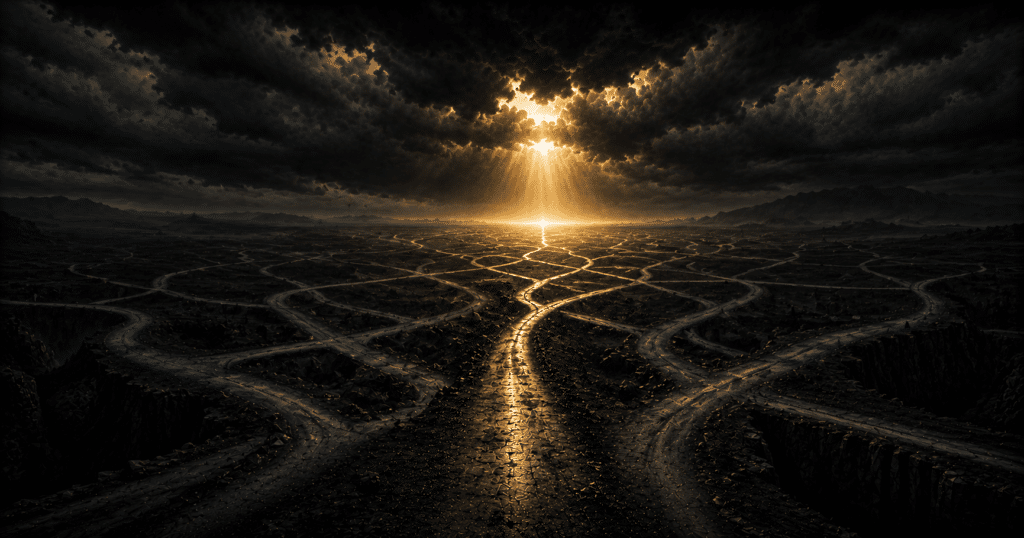 A person walking down a long road toward a radiant horizon, symbolizing the search for life's purpose and finding meaning in God.