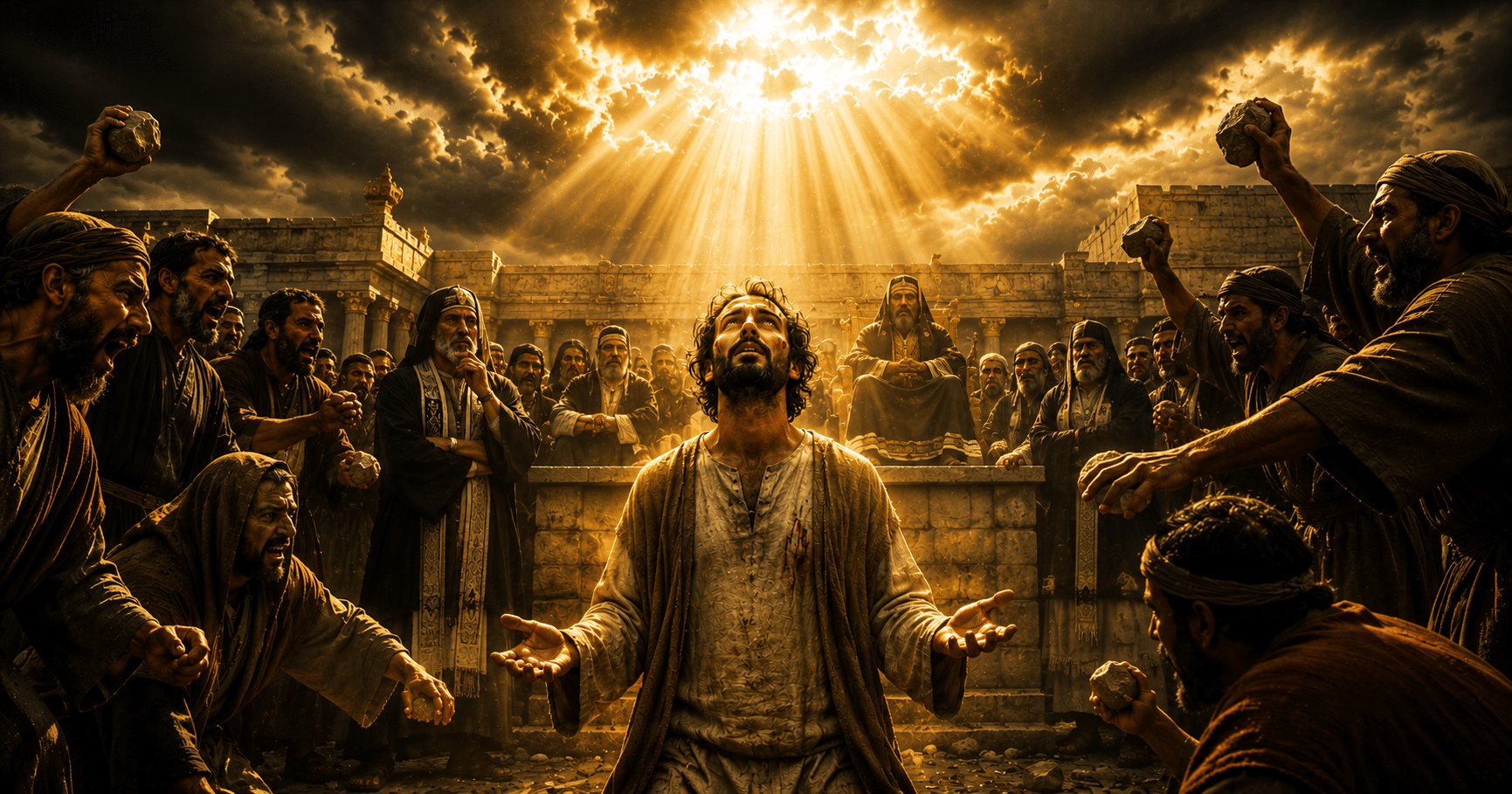 Stephen the first Christian martyr looking toward heaven as he boldly proclaims Christ before the Sanhedrin and faces martyrdom.