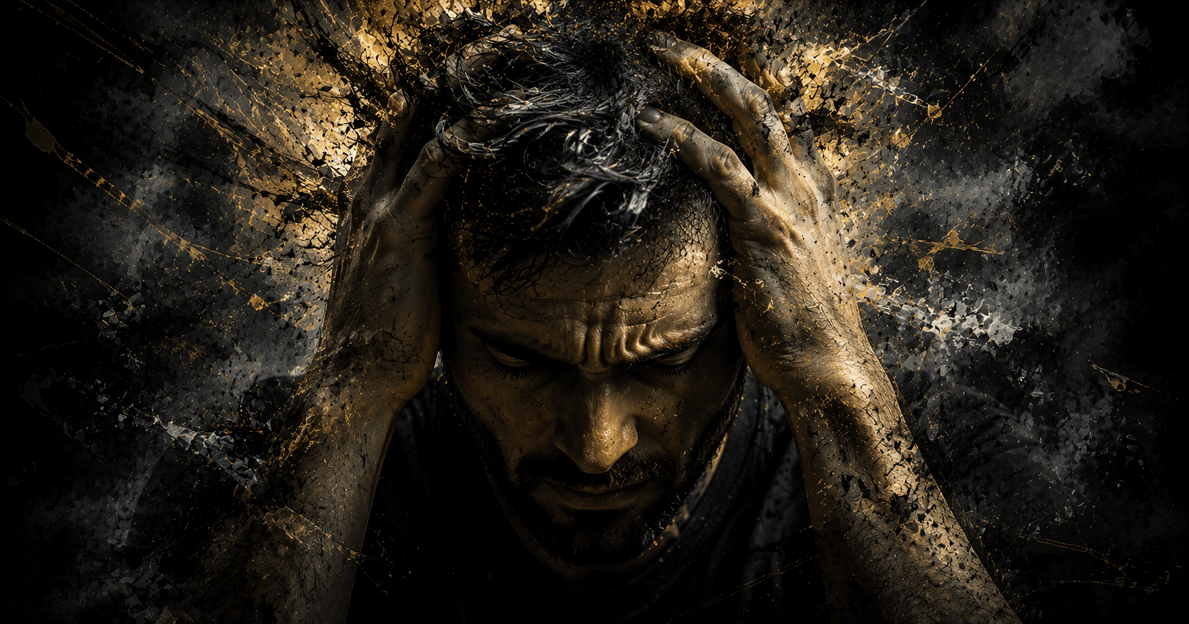 Christian man praying peacefully while dealing with stress and anxiety, trusting God during life's challenges and uncertainties.