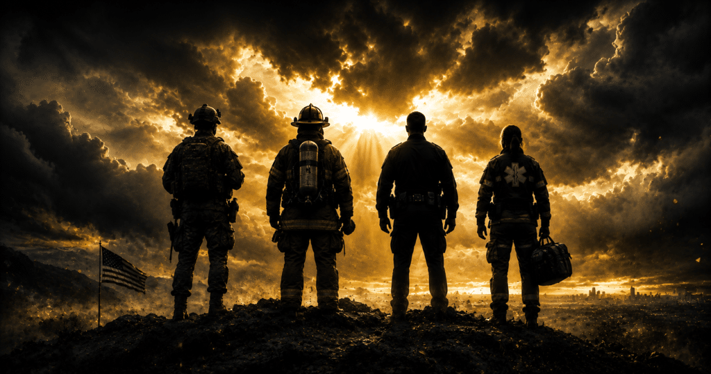 Military service members, firefighters, police officers, paramedics, and healthcare workers standing together in honor of service and sacrifice