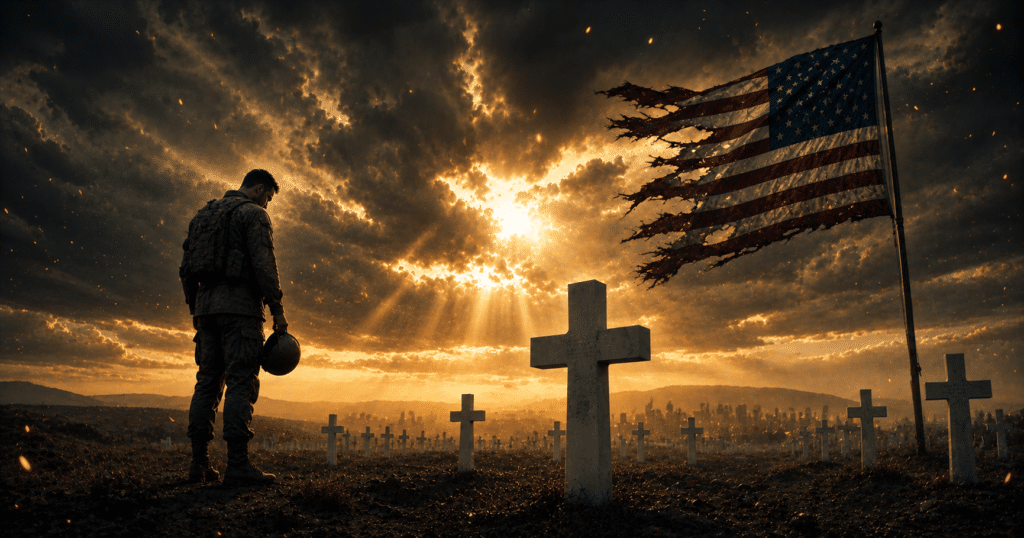 American flag flying over military headstones at sunrise, symbolizing the sacrifice of veterans and the enduring cost of freedom.