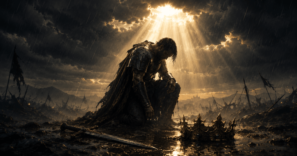 Lone person standing on a mountain summit with head bowed in humility, symbolizing the biblical warning that pride comes before the fall and the importance of trusting God.