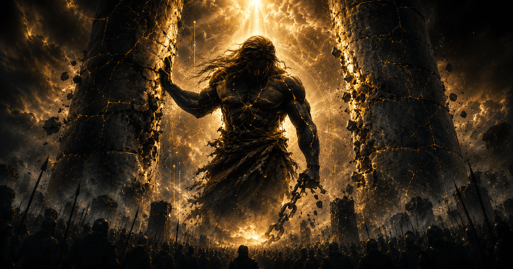 Samson pushing down the pillars of the Philistine temple after praying to God, illustrating biblical strength, redemption, and faith.