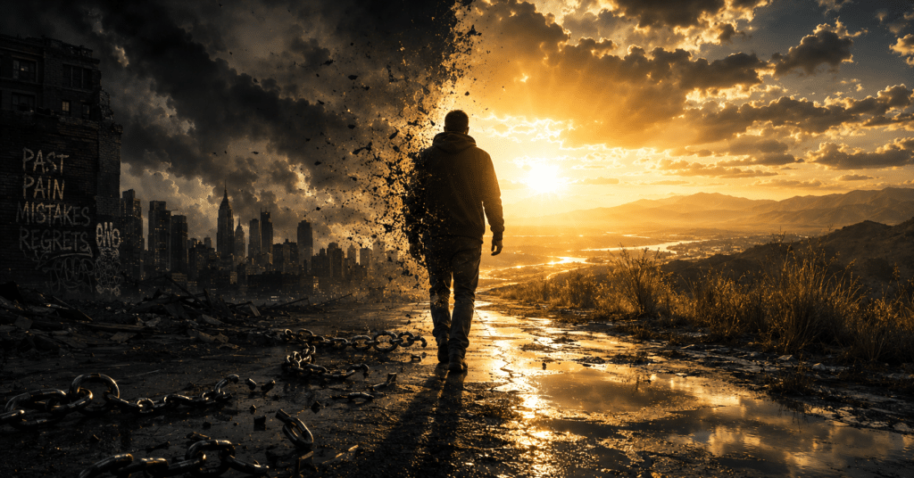 Person walking away from a dark neighborhood toward a bright sunrise, symbolizing leaving the past behind and embracing a new life in Christ