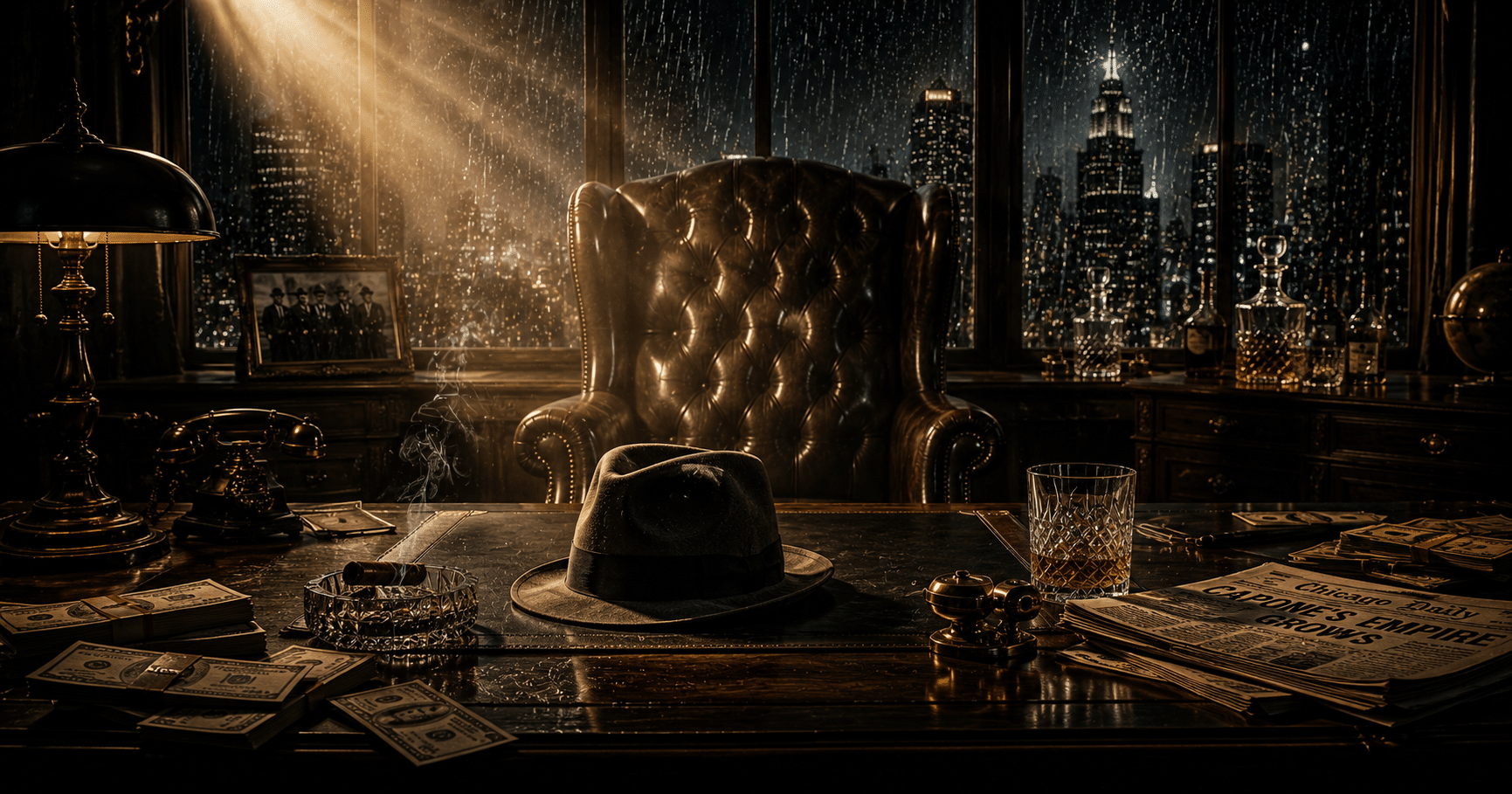 Al Capone during the rise and fall of Chicago's most infamous crime boss, highlighting his criminal empire, imprisonment, and eventual downfall