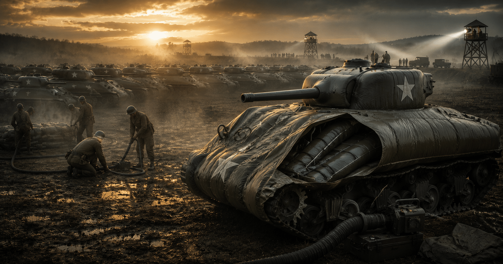 Inflatable tanks and Ghost Army soldiers creating a fake battlefield during World War II to deceive Nazi forces and protect Allied troops