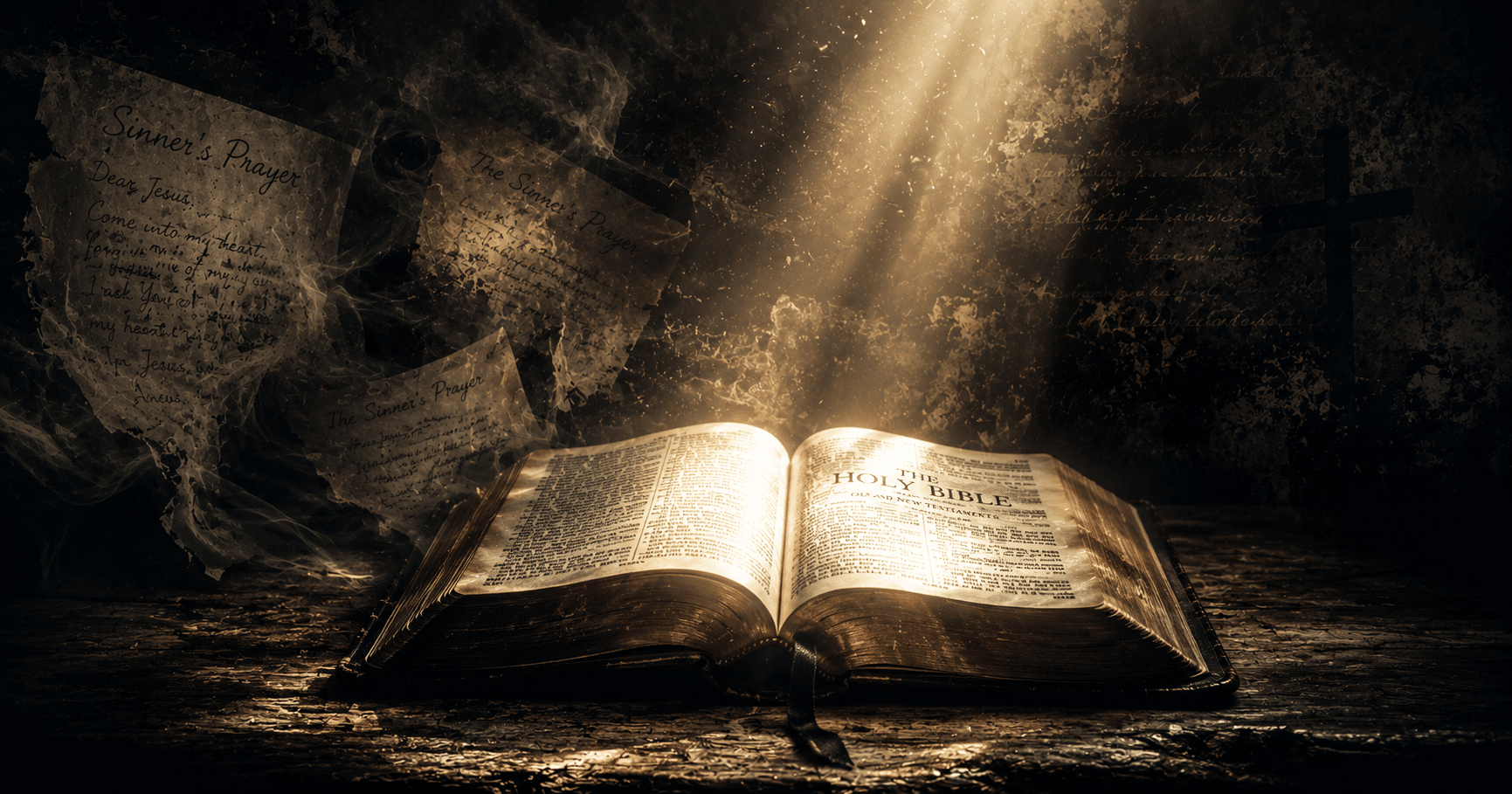 Open Bible with highlighted verses about salvation, illustrating the question, "Is the Sinner's Prayer in the Bible?" and biblical teaching on faith and baptism.