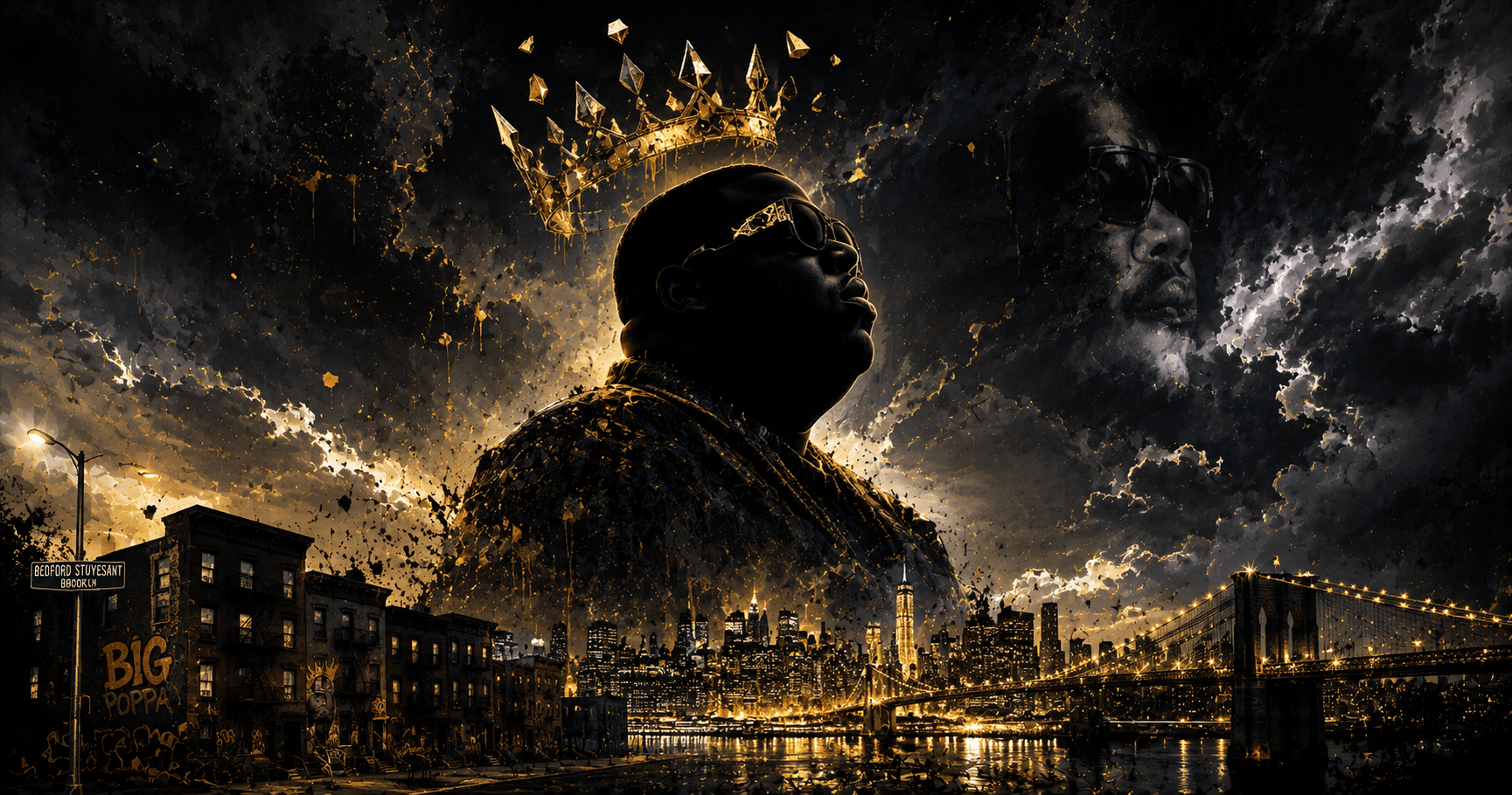 Portrait of The Notorious B.I.G. (Christopher Wallace) representing his rise from Brooklyn to hip-hop legend and his lasting musical legacy