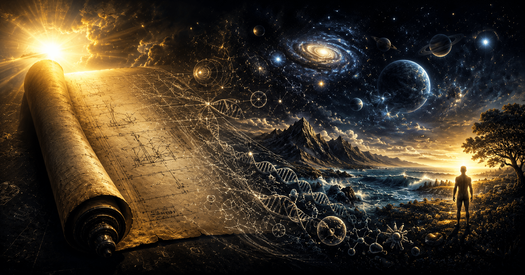 Galaxy and Earth beneath a radiant light with an open Bible, illustrating the debate between the Big Bang theory and biblical creation