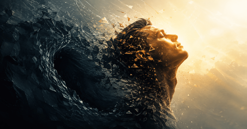 Person stepping from darkness into sunlight, symbolizing hope, healing, faith, and new life in Christ.