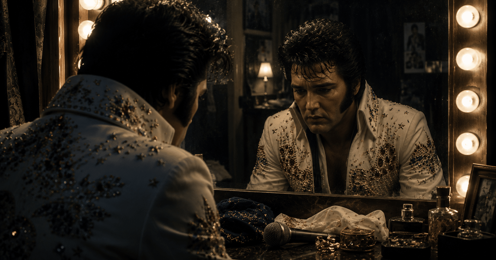 Elvis Presley performing on stage, reflecting on fame, loneliness, spiritual searching, and the hidden emptiness behind success.