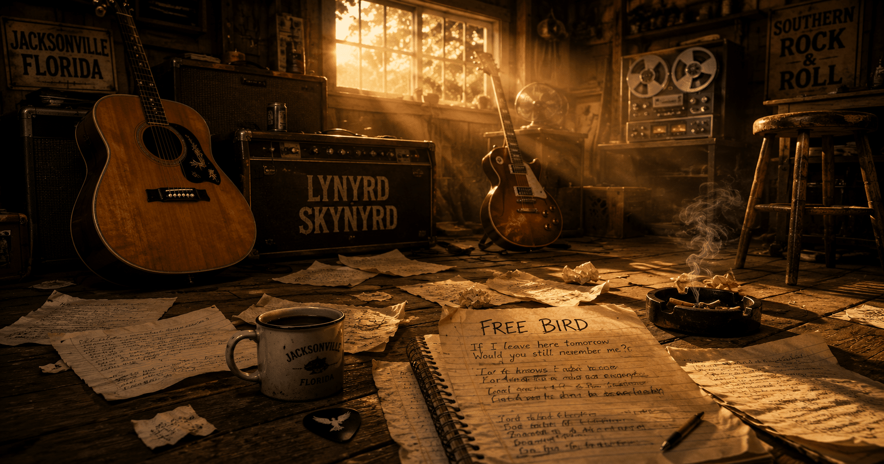 Lynyrd Skynyrd performing Free Bird, illustrating the song's inspiring history, legendary guitar solo, and tragic legacy