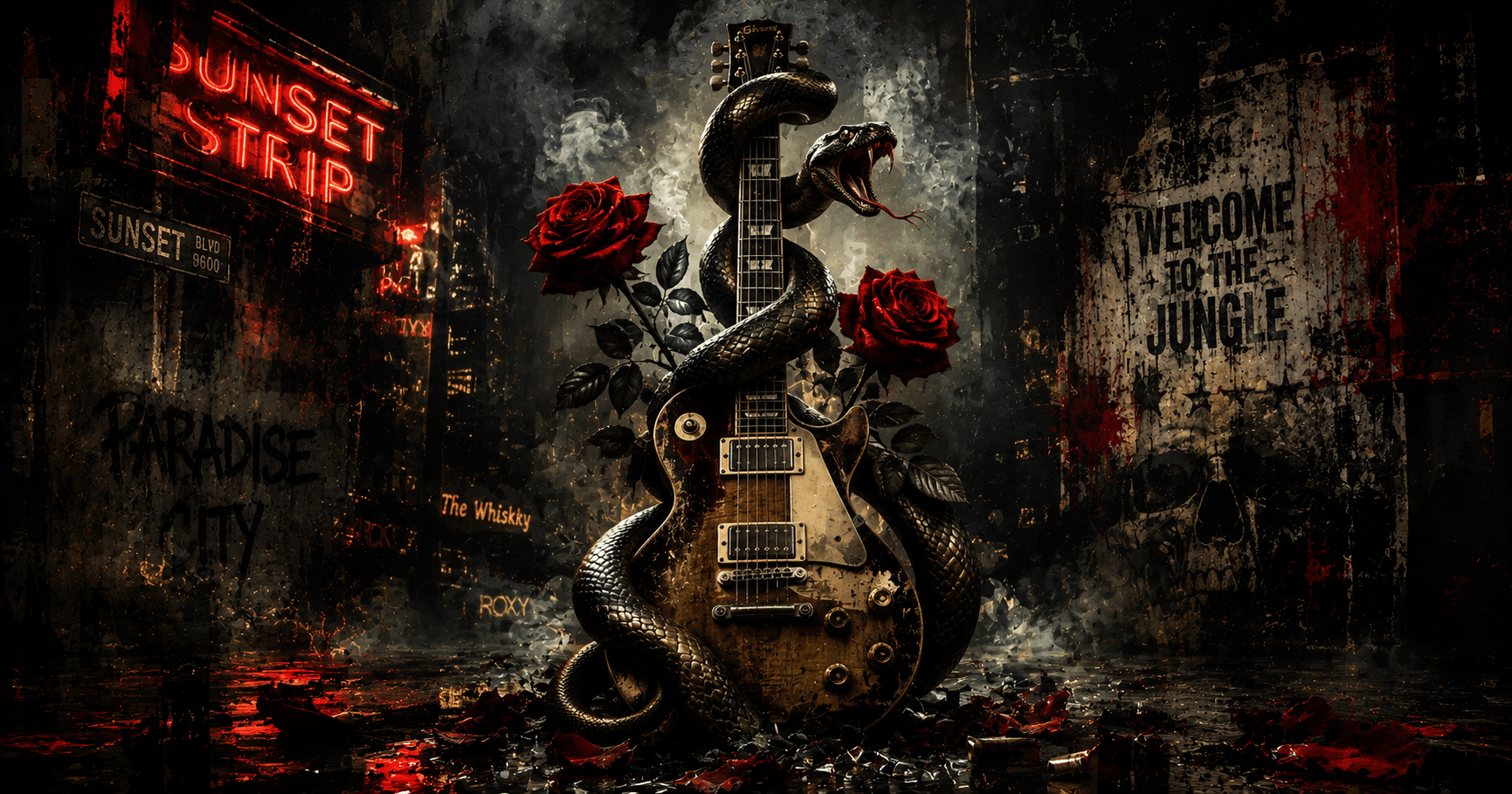 Guns N' Roses performing on stage during their peak, symbolizing rock stardom, chaos, addiction, redemption, and their lasting musical legacy