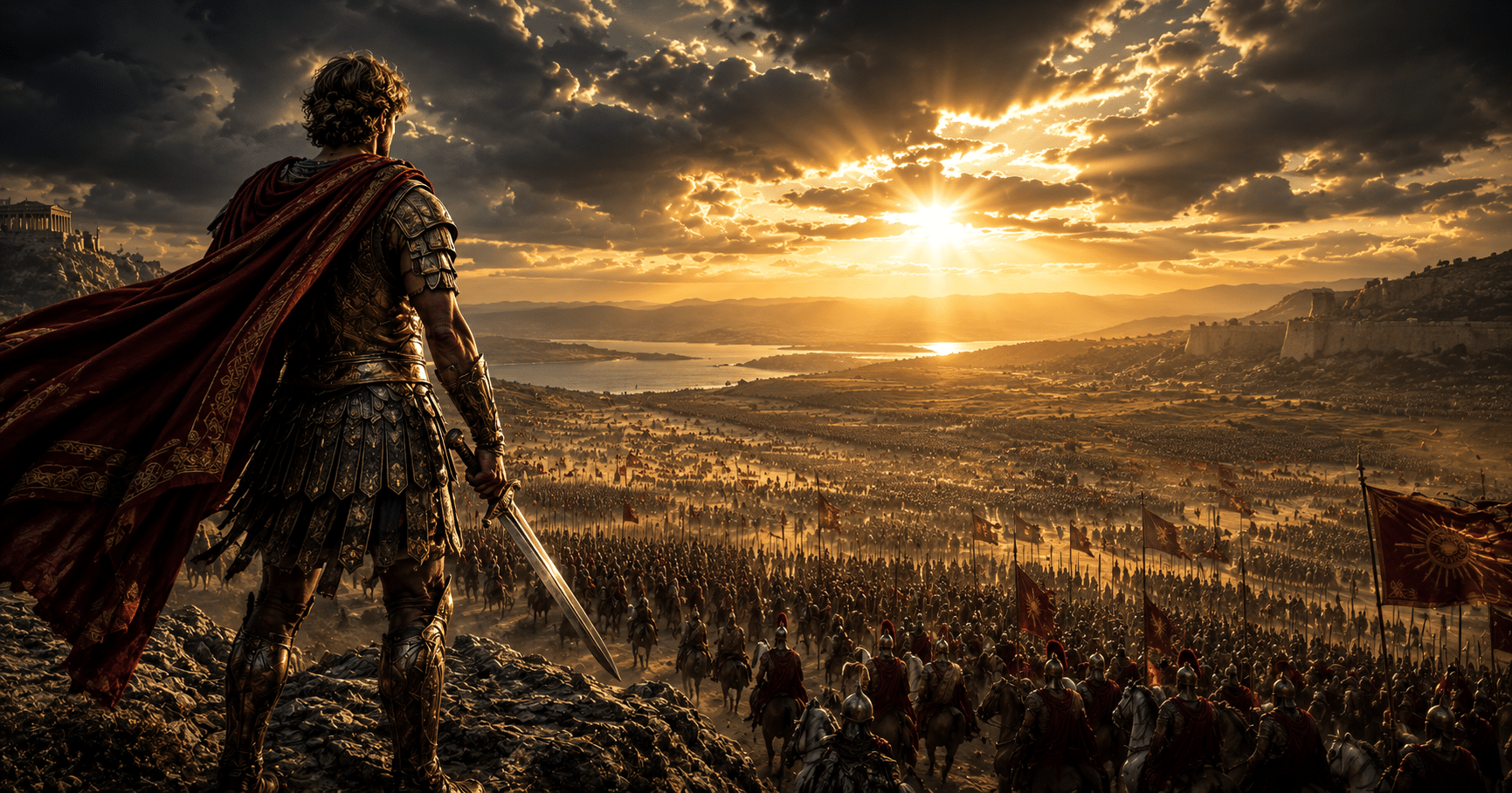 Alexander the Great leading his army into battle, symbolizing his legendary conquests, military genius, and the reality that no one can conquer death