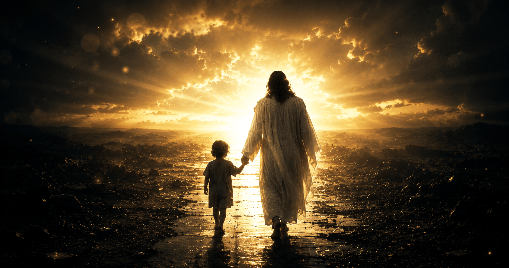 Jesus welcoming little children as grieving parents find hope in God's mercy, justice, and the promise of heaven