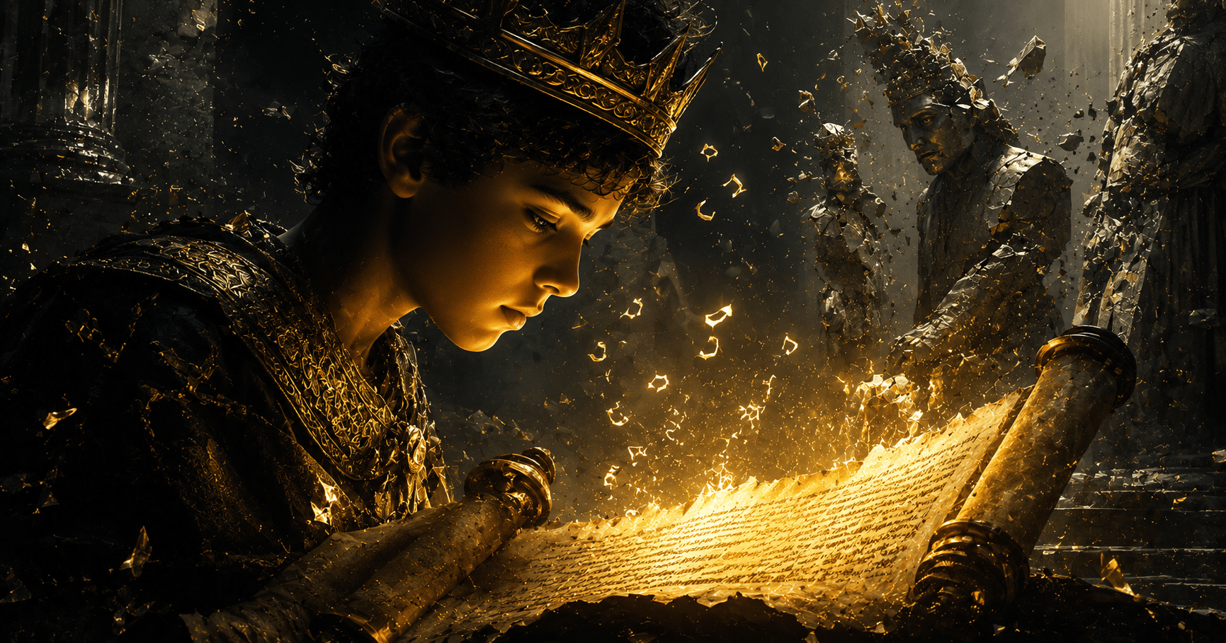Young King Josiah holding the Book of the Law in the temple, symbolizing humility, revival, and obedience to God's Word.