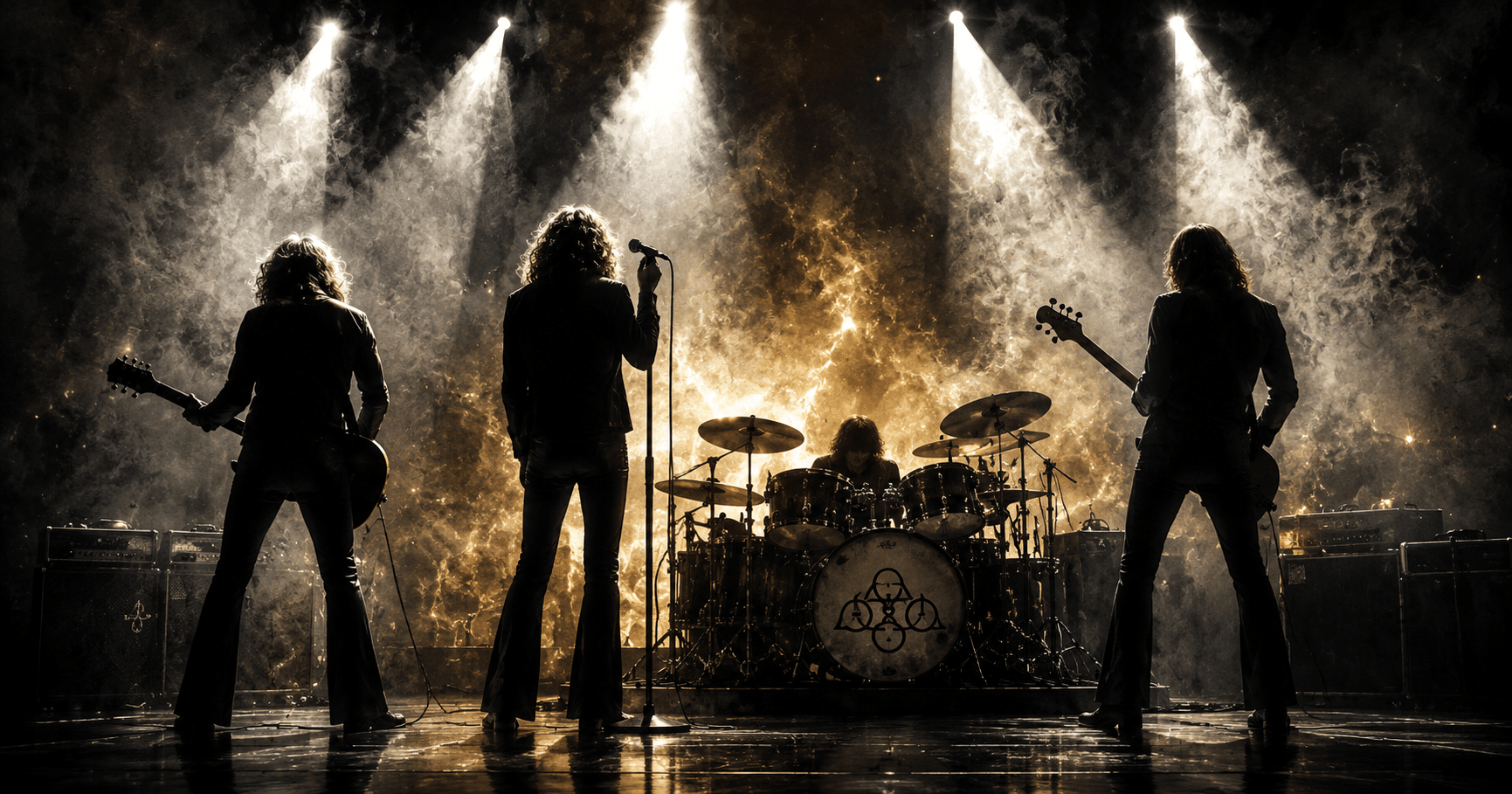 Led Zeppelin band members Jimmy Page, Robert Plant, John Paul Jones, and John Bonham performing during their legendary rock career