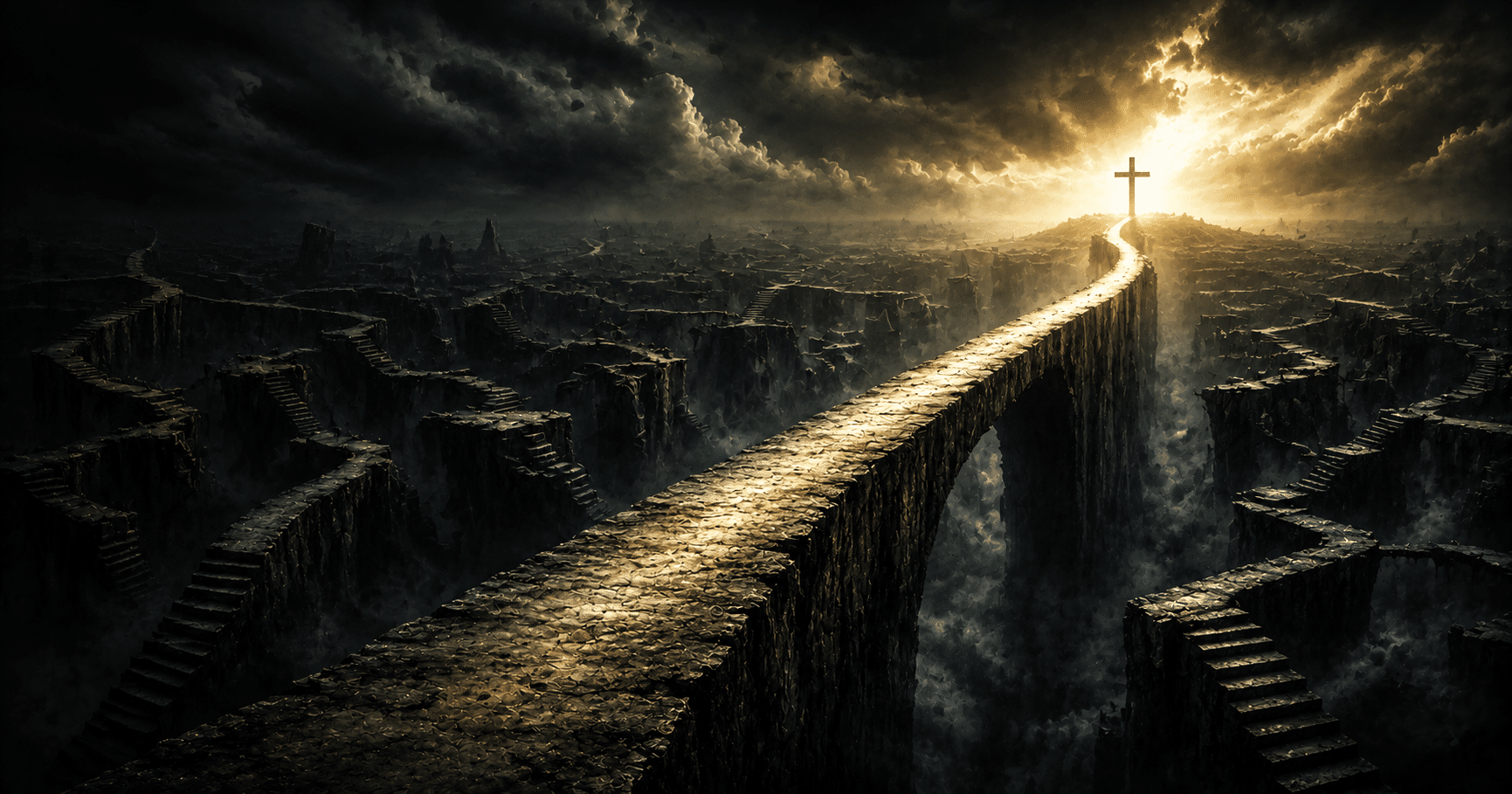 Cross standing before a narrow path leading toward radiant light, symbolizing Jesus Christ as the only way to salvation according to the Bible