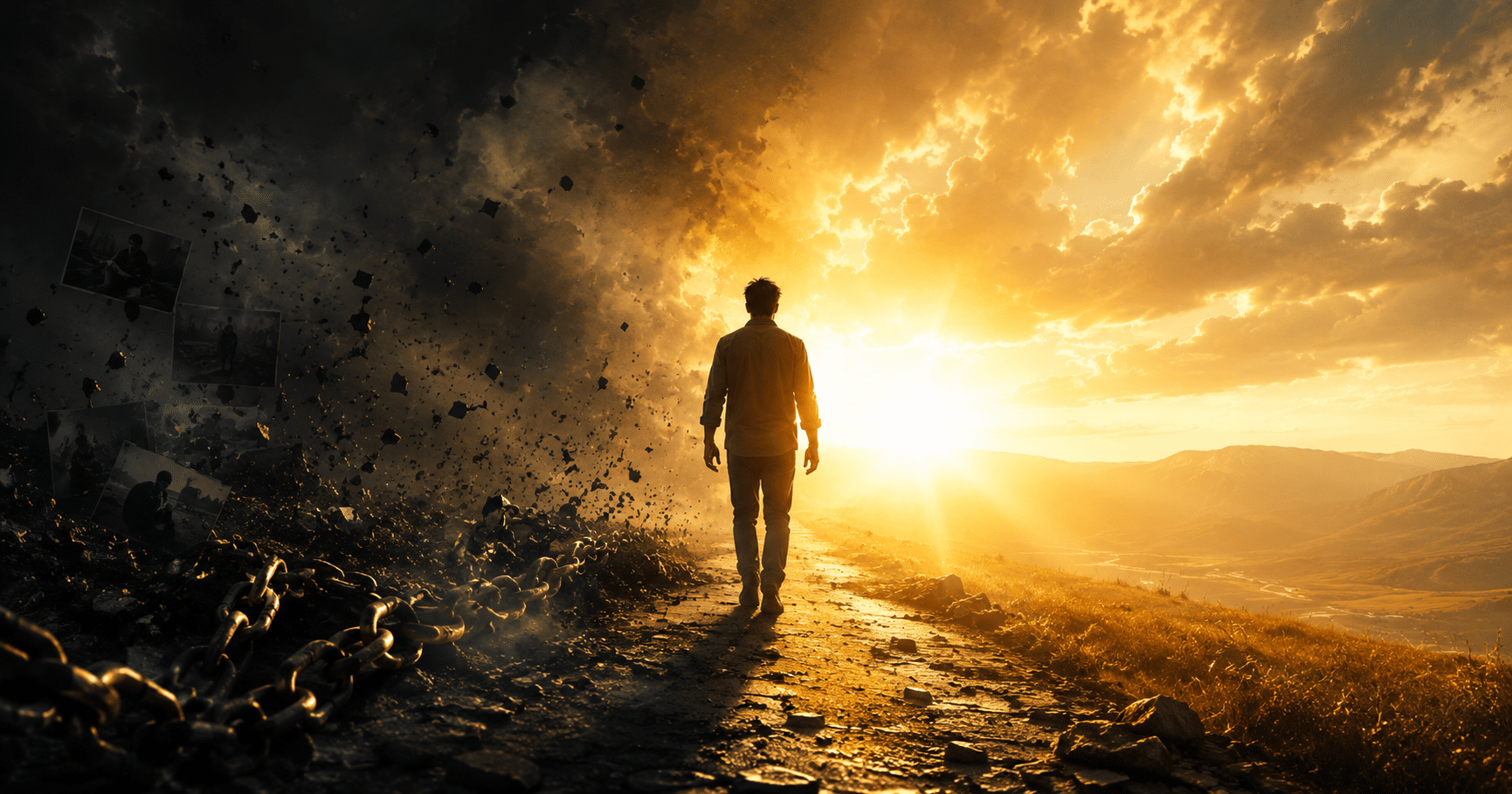 How Do I Overcome My Dark Past? Christian illustration of a person walking from darkness into the light of Jesus Christ