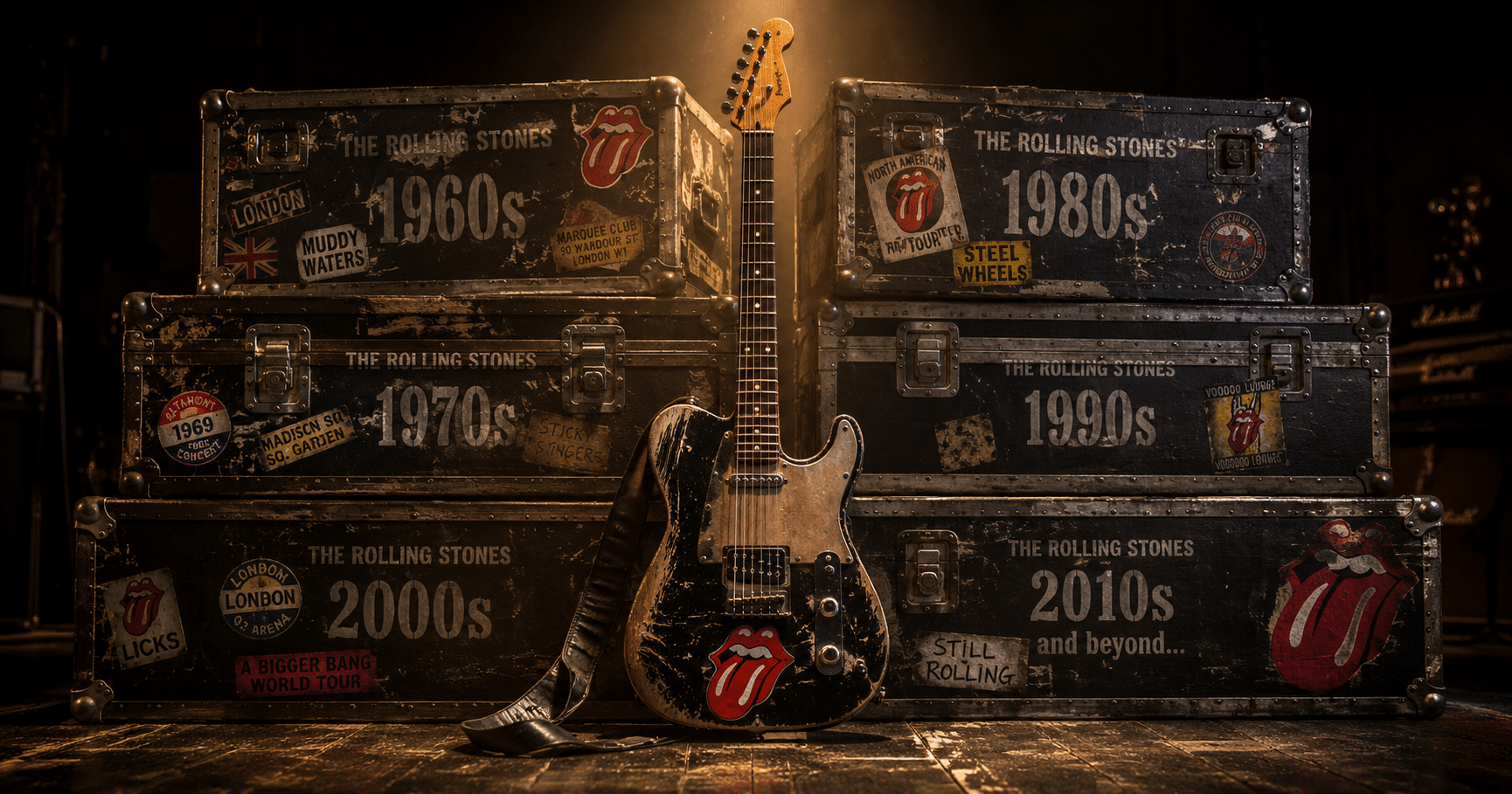 The Rolling Stones performing on stage, representing their legendary career, enduring legacy, resilience, and influence on rock music