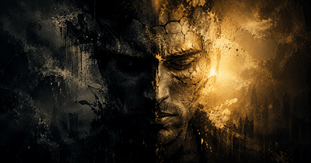 Person standing between light and darkness, symbolizing the unseen spiritual battle, moral choices, faith in God, and the fight between good and evil