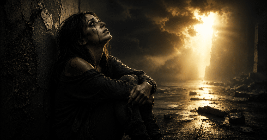 Person sitting alone in quiet darkness as light shines through, symbolizing hope, compassion, and God's presence in depression and emotional pain