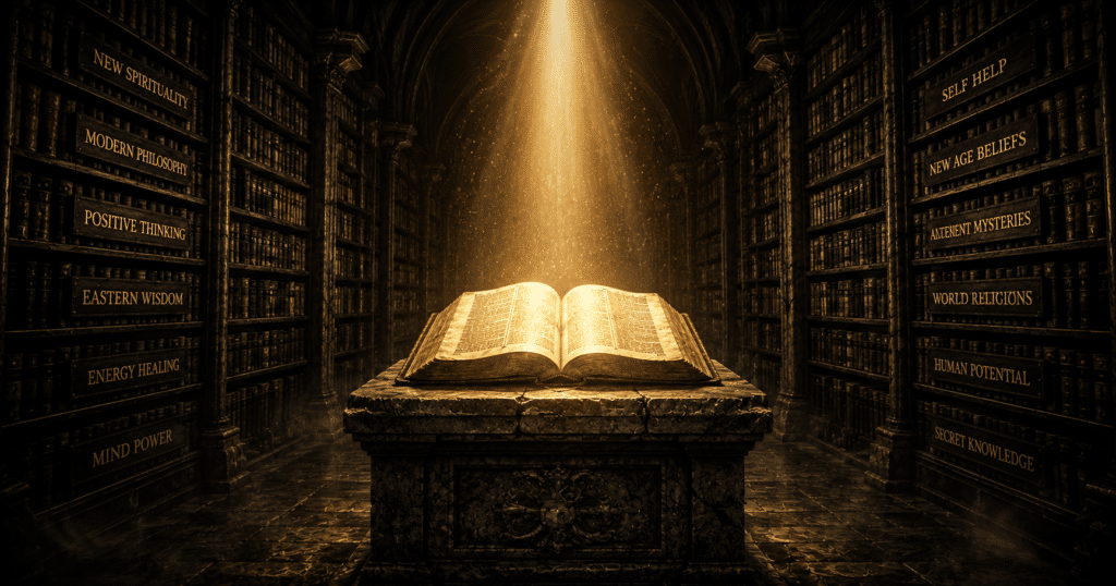 Open Bible with a person thoughtfully examining Scripture, symbolizing testing every teaching and building faith on God's unchanging truth.