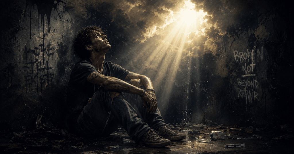 Person overcoming addiction and finding hope through recovery, faith, perseverance, and God's grace.
