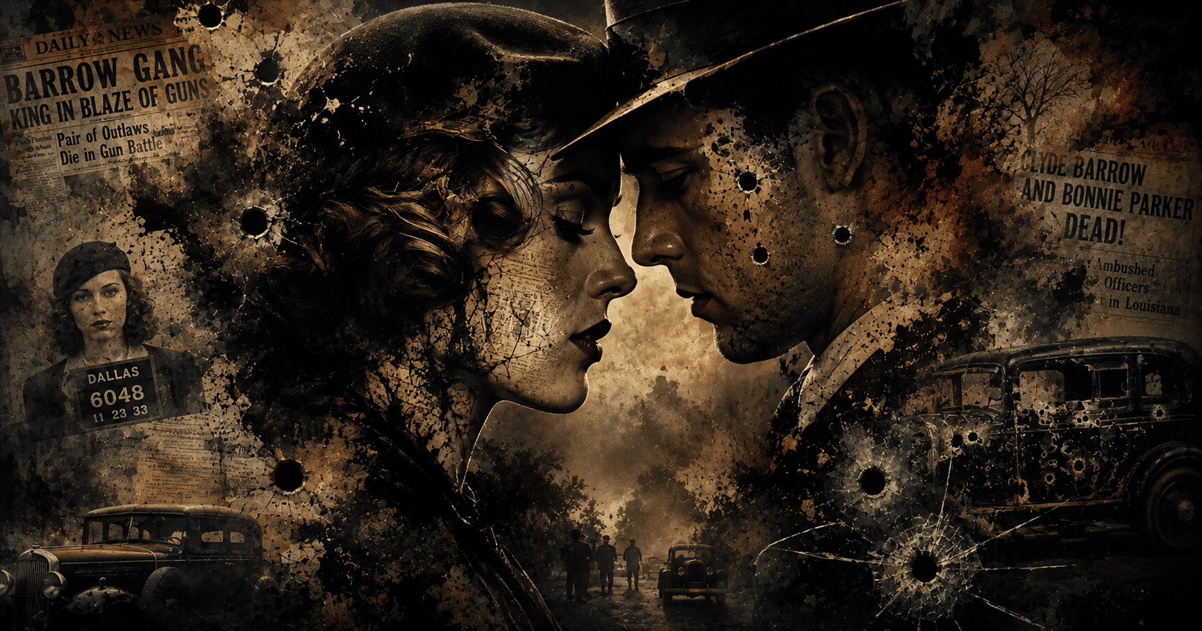 Bonnie and Clyde portrayed as young outlaws beside their car, representing the true story behind their famous crime spree and tragic ending.