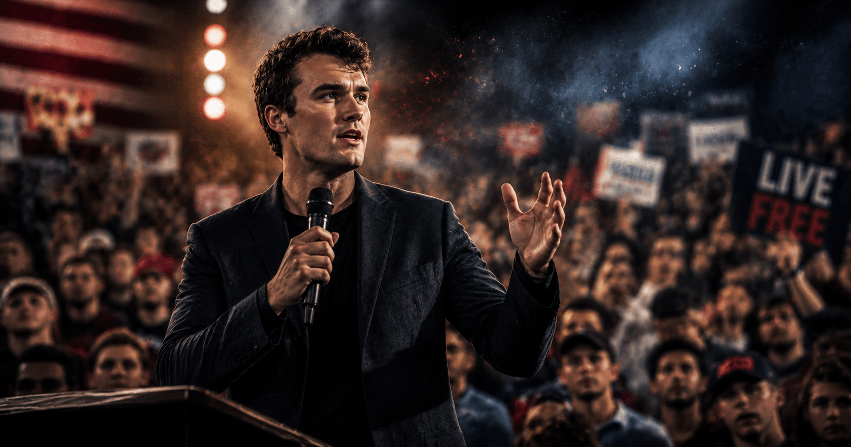 Charlie Kirk speaking to a crowd during a political debate, representing his faith, public influence, and commitment to conversation.
