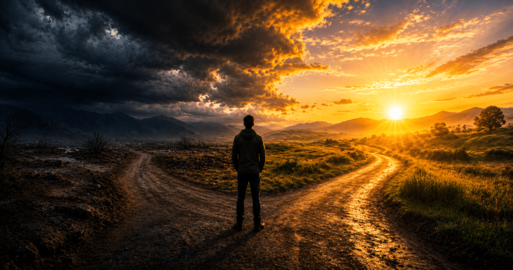 Person watching the sunrise and choosing a positive mindset, symbolizing gratitude, hope, faith, and a fresh start to the day.