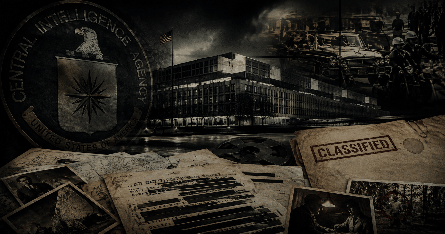 CIA headquarters representing the secret history, covert operations, intelligence work, and controversies of the agency.