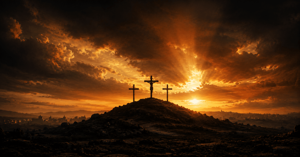 Jesus carrying the cross on the road to Jerusalem, representing Christ's sacrifice, love, forgiveness, and redemption.