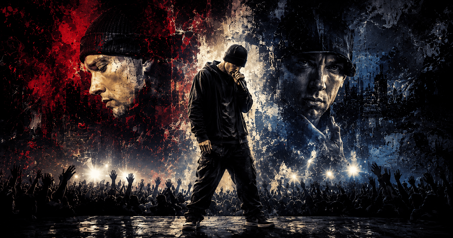 Eminem performing on stage, representing his journey through addiction, recovery, controversy, and a lasting music career.
