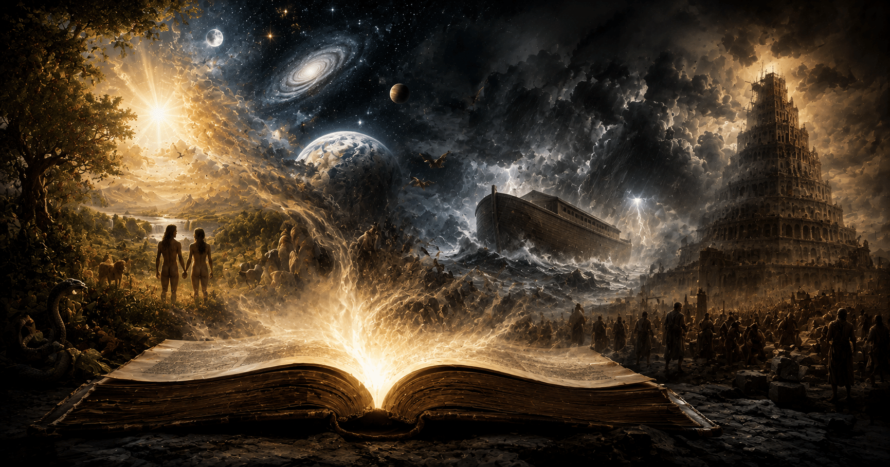 Genesis Part One showing creation, Noah's Ark, the Flood, and the Tower of Babel from the biblical story.