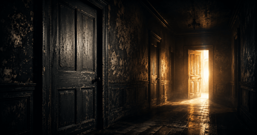 Sunlight shining through an open doorway after another door closes, symbolizing faith, hope, and trusting God when one door closes.