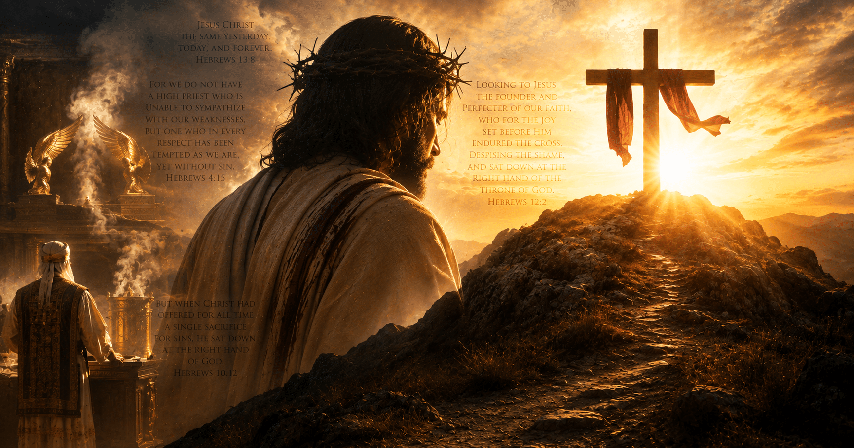 Open Bible showing Hebrews, representing Jesus Christ as the greater High Priest, perfect sacrifice, Savior, and fulfillment of God's promises.