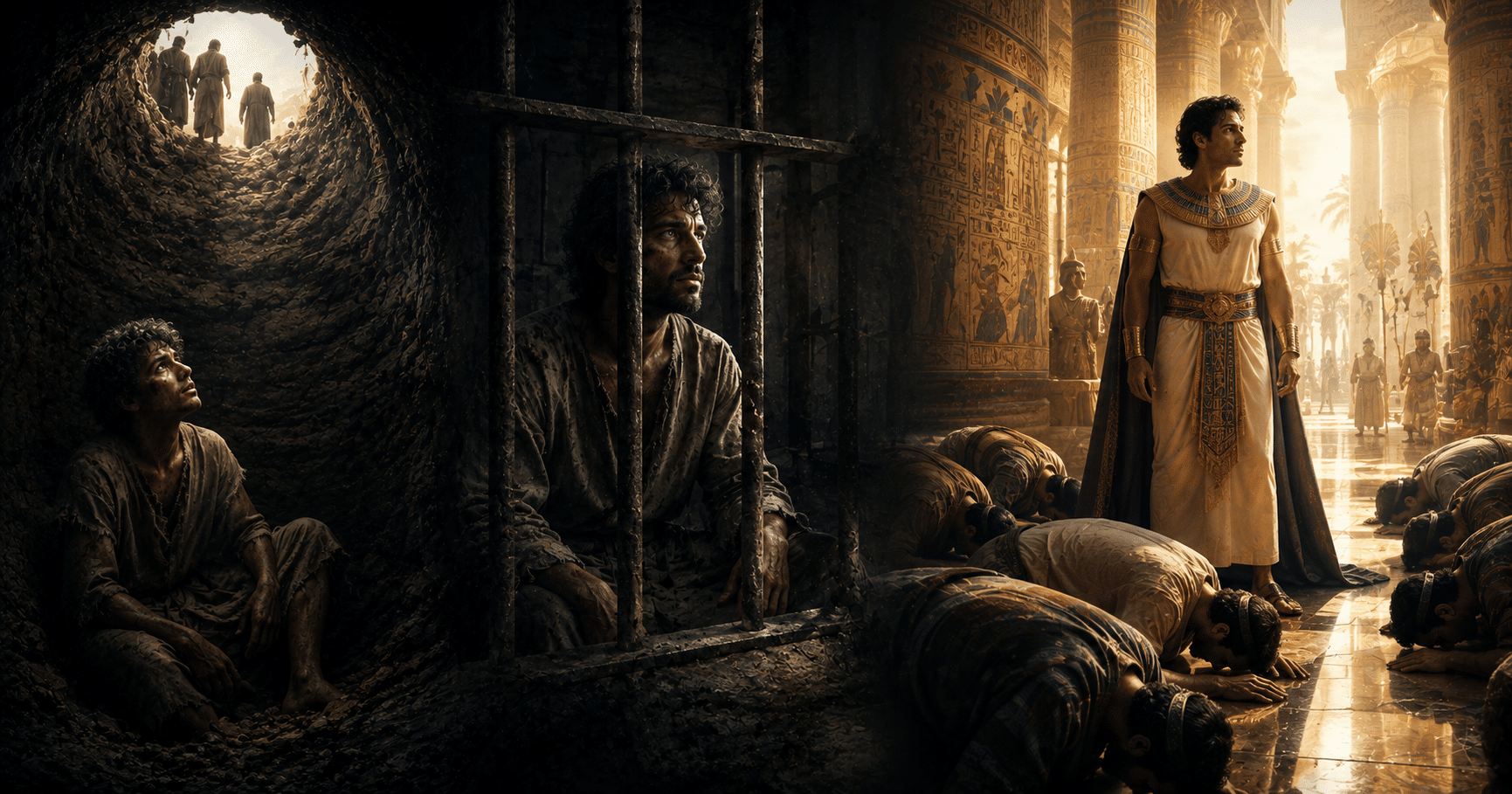 Joseph standing before his brothers in Egypt, showing forgiveness after years of betrayal, slavery, prison, and suffering.