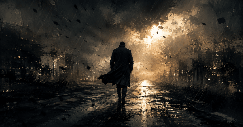 Person walking forward on a road through a storm toward sunlight, symbolizing perseverance, faith, hope, and the determination to keep moving.